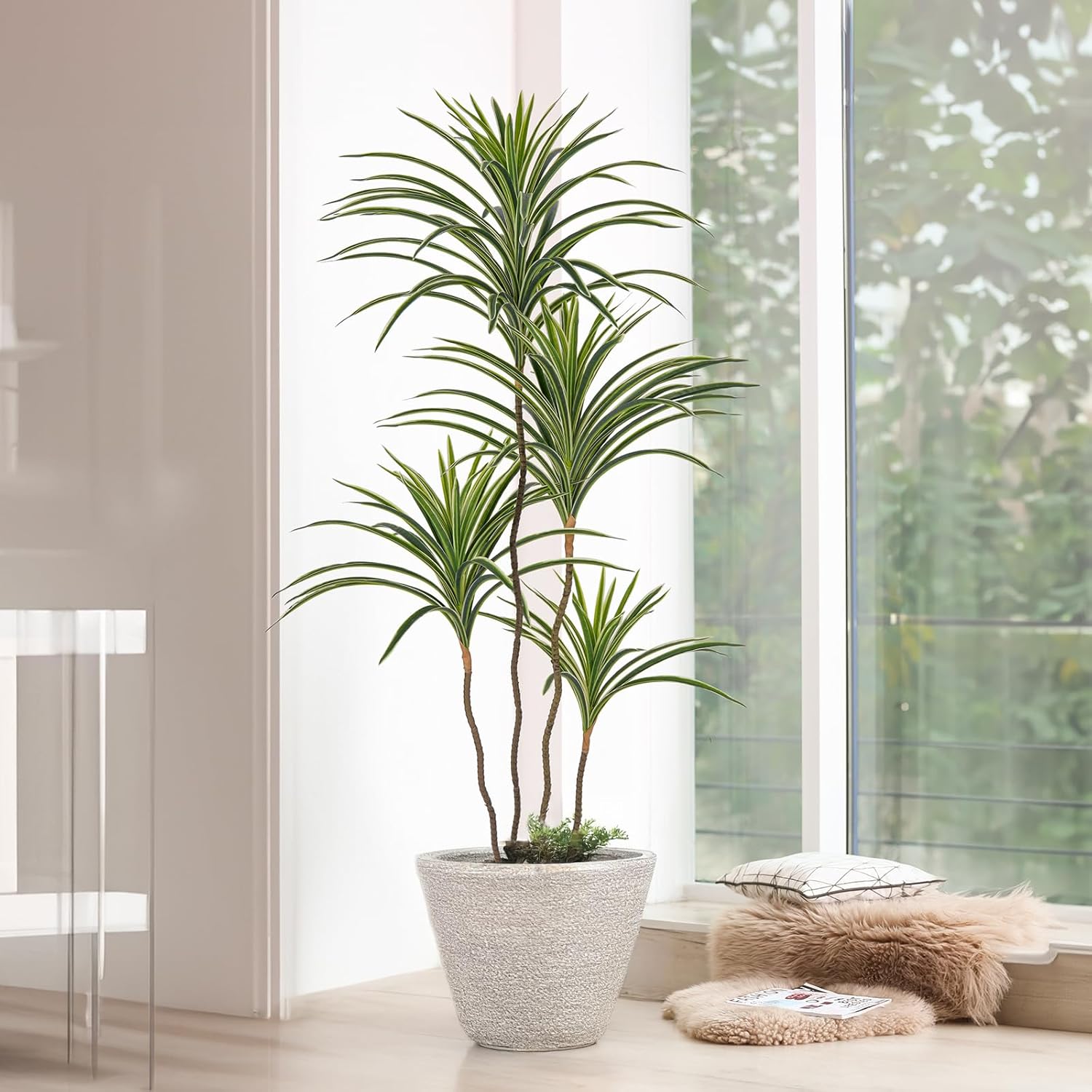 Artificial Dracaena Plants Indoor, 4 ft Faux Tropical Floor Plants Indoor, Tall Fake Yucca Silk Tree in Pot, Artificial Trees for Home Office Decor Indoor Outdoor Housewarming Gift - Image 2