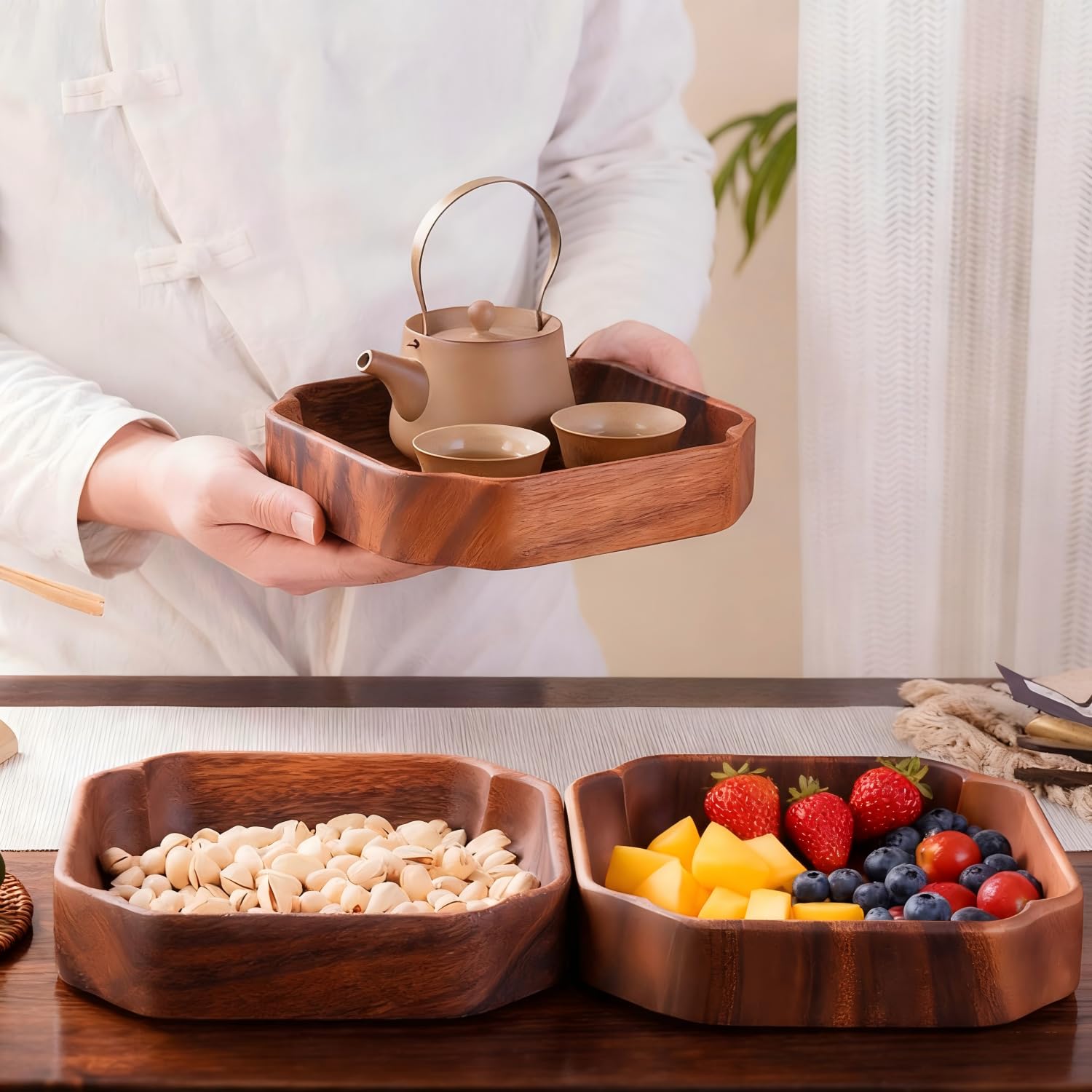Grand Bol En Bois Massif - Saladier Rustique Pour Fruits, Pâtes, Pain - Décoration De Table - 4