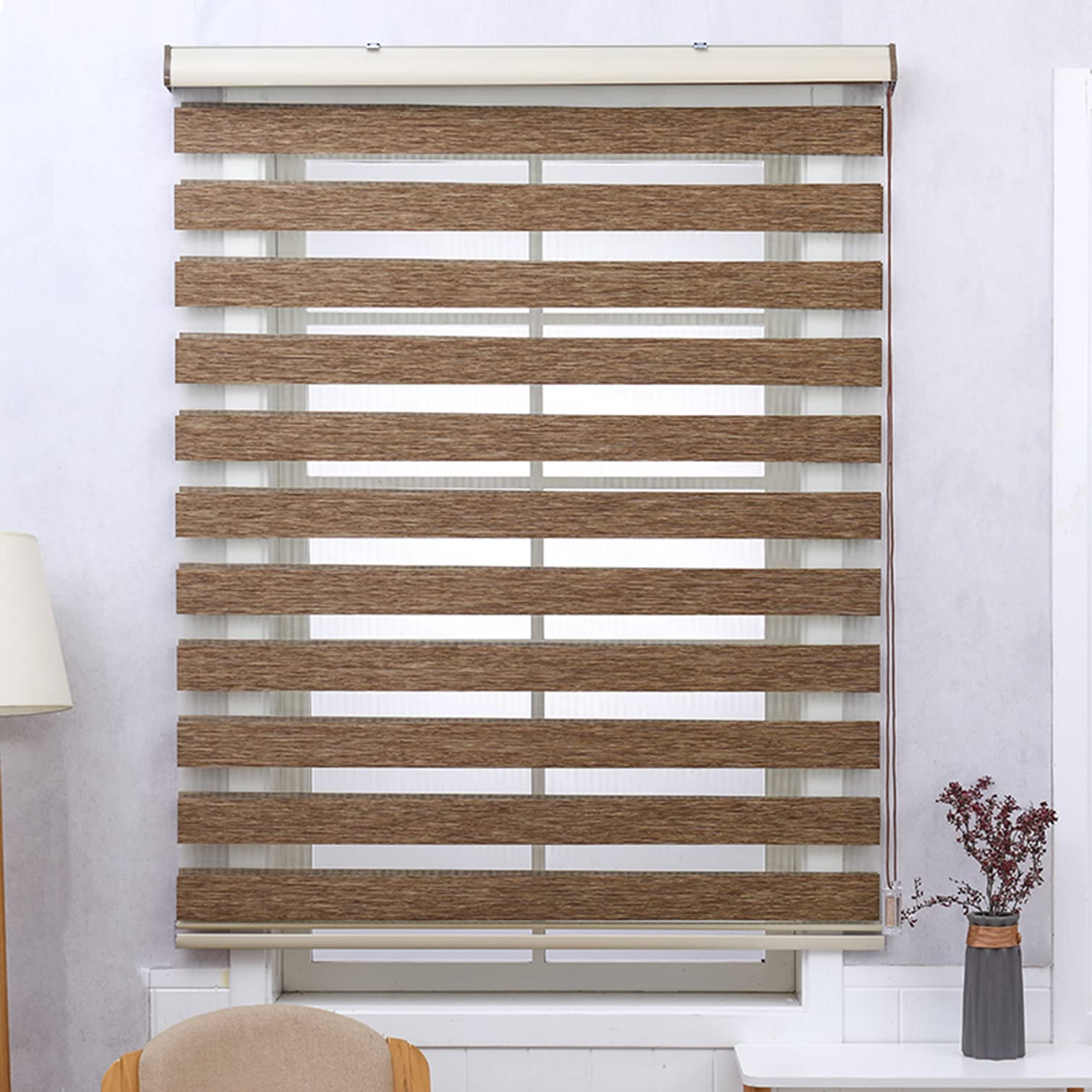 Sh000ad Brown Custom Blackout Window Shades Zebra Blinds,Dark Day And Night Zebra Roller Blind,Double Fabric Translucent Or Blackout Vision Curtains,For Window And Door,Easy To Install (110X120cm/43X47in)