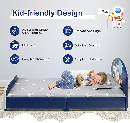 Miniatura 6 de Costzon Armazones de Cama Individual para Niños, Plataforma de Cama Individual Tapizada de Madera con Soporte de Listones, Cabecera y Pie de Cama