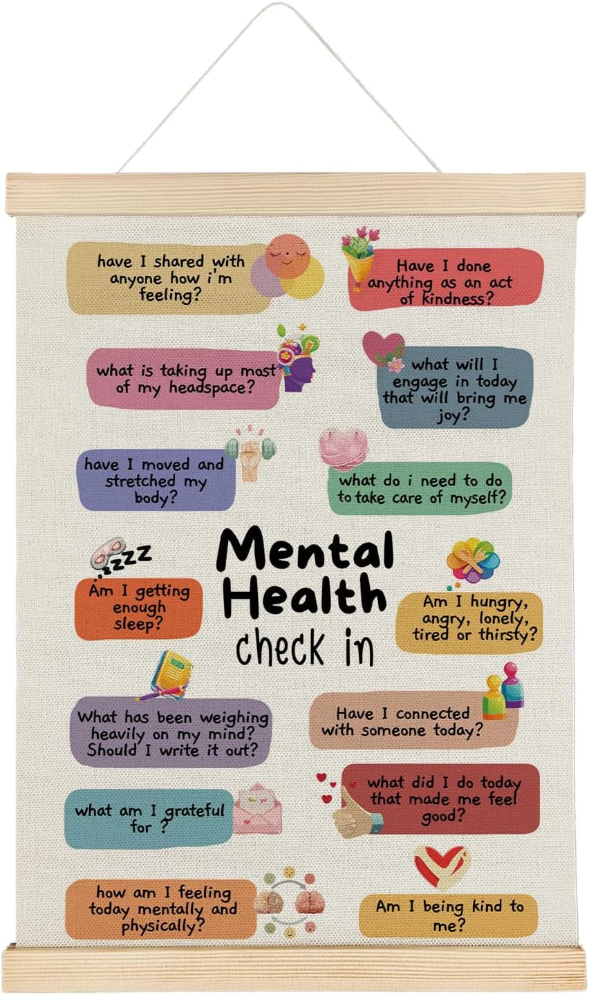 SereneHanctuary Boho Mental Health Wall Art,Psychology Wall Decor,Mental Health Check in Poster Hanger Frame for Therapy Counselor Office Classroom Kids Bedroom Decor,12×16 Inches