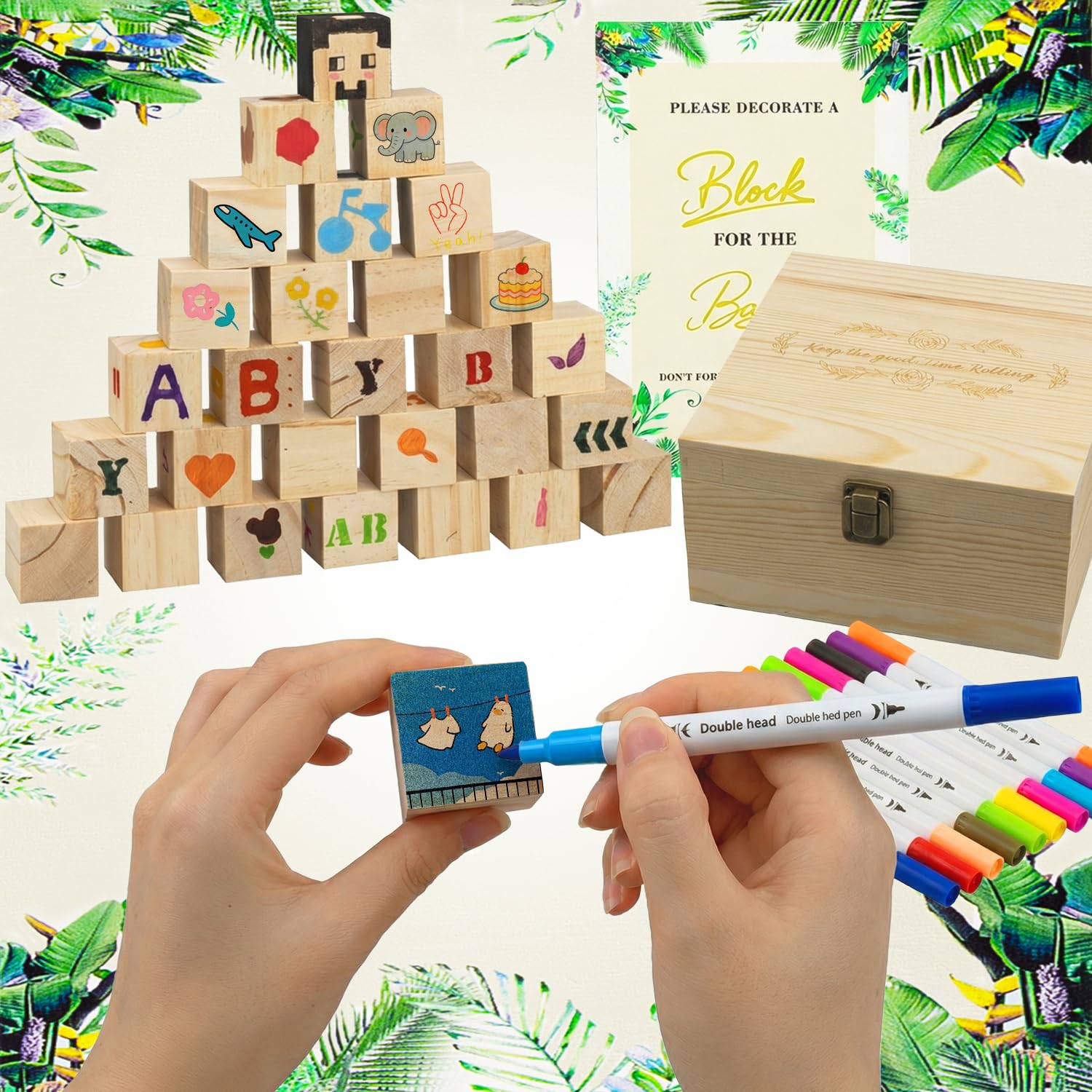 Babyparty Spiele –81 Stück Das Lustigste Kreative Gästebuch zum Bemalen – Baby Shower Aktivität mit Holzblöcken, Stiften & Schablonen – Geschenk-Idee für Junge, Mädchen