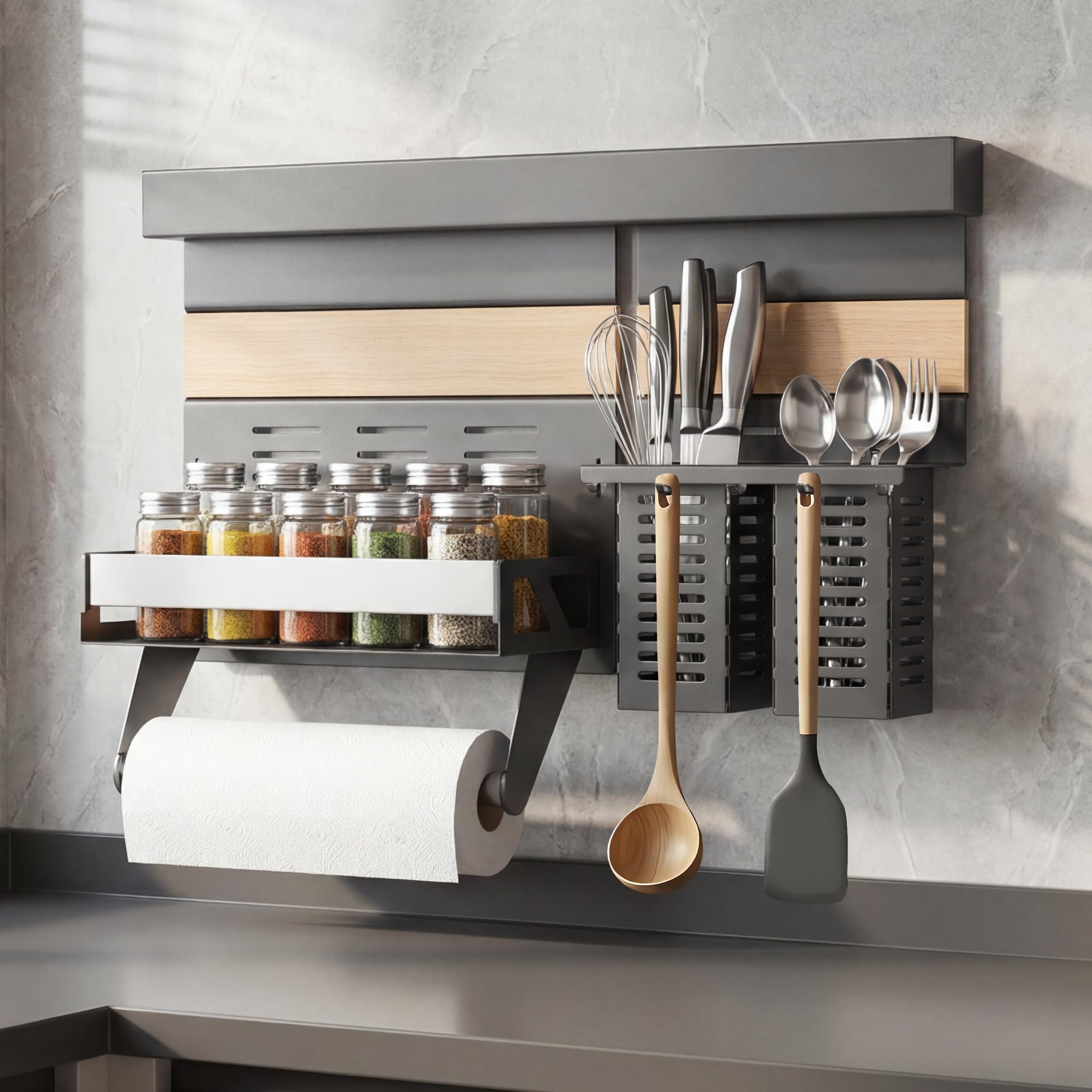 doporro Estante de Cocina Gris con Riel de Aluminio 52 cm, Organizador en Acero Galvanizado Desmontable, con Estante de Especias, Soporte para Papel, Portautensilios y Ganchos