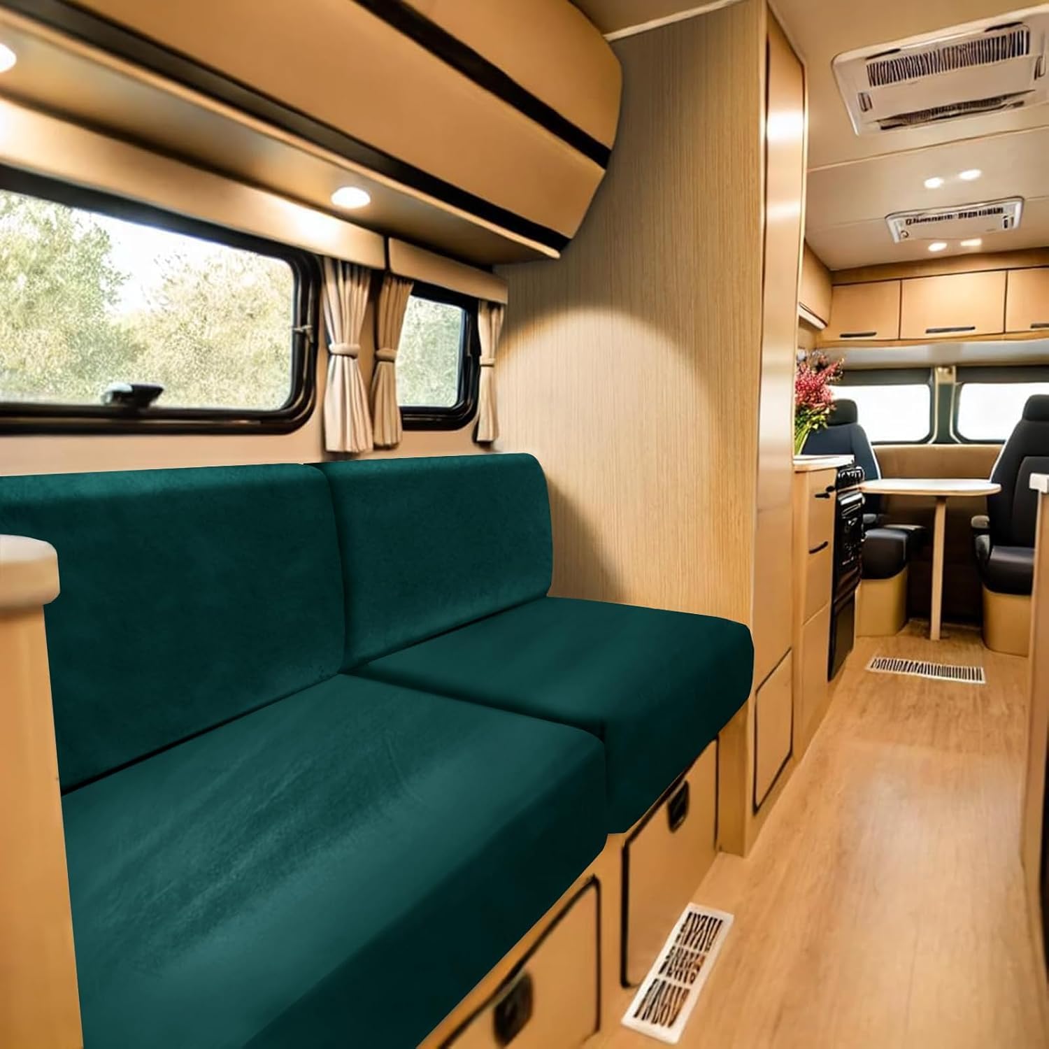 SYLC Stretch Caravan Seat Covers, Non-slip Motorhome Seat Covers for Lounge with 2 Straps, Velvet Sofa Cushion Covers for Couch Camper Bench (dark green,Square XS)