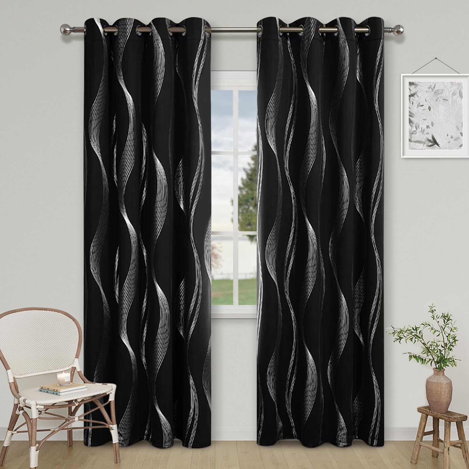 Rideaux occultants noirs 52x95 inch à oeillets isolants thermiques