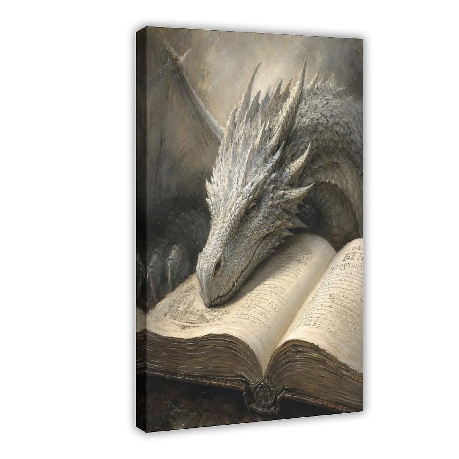 W7c8u2x3 Frame-Style-1 Silver Dragon Resting On Open Book Canvas Wall Art, Moonlit Stage