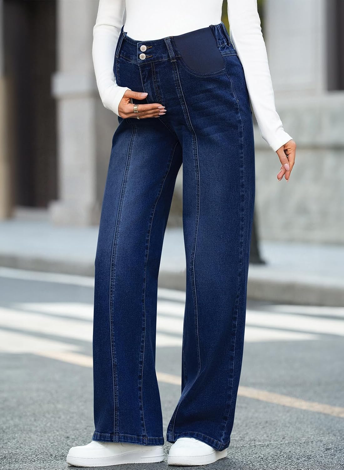 BLENCOT Women's Maternity Jeans Elastic High Waist Side Panel Wide Leg Stretchy Pregnancy Denim Pants