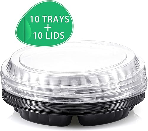 Miniatura 2 de Patelai 10 bandejas de plástico para verduras con tapa, bandejas de frutas, bandejas redondas desechables para servir aperitivos con 6
