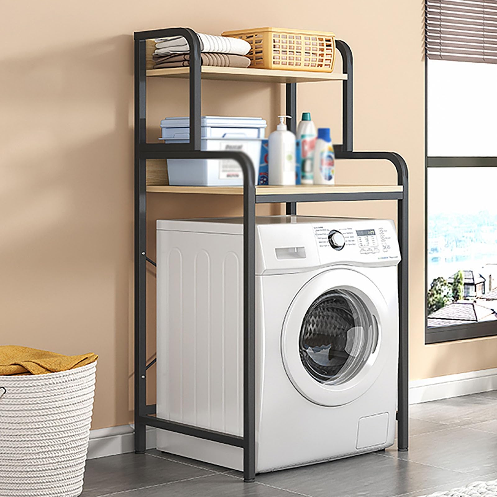 Estante de almacenamiento sobre el inodoro que ahorra espacio, estante de lavandería de dos niveles, solución de almacenamiento de baño negro para una nización eficiente del hogar y un espacio