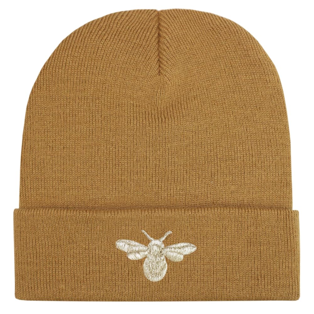 Teddyt's Women's Caramel Gold Bumble Bee Embroidered Rib Beanie Hat (Caramel)