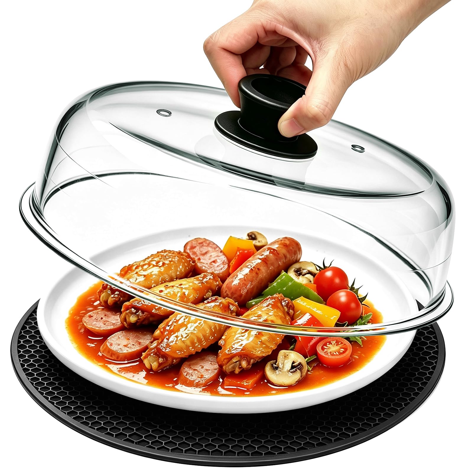 View 1 of ***Top knob missing***
FANQIEW Glass Microwave Splatter Cover with Mat, 10 Inch Black Knob