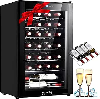 BODEGACOOLER 28 Bottle Compressor Wine Cooler for Home and Kitchen, Freestanding Mini Fridge with Digital Touchscreen, LED Display, Split Storage for Red & White Wines, Matte Black Refrigerator