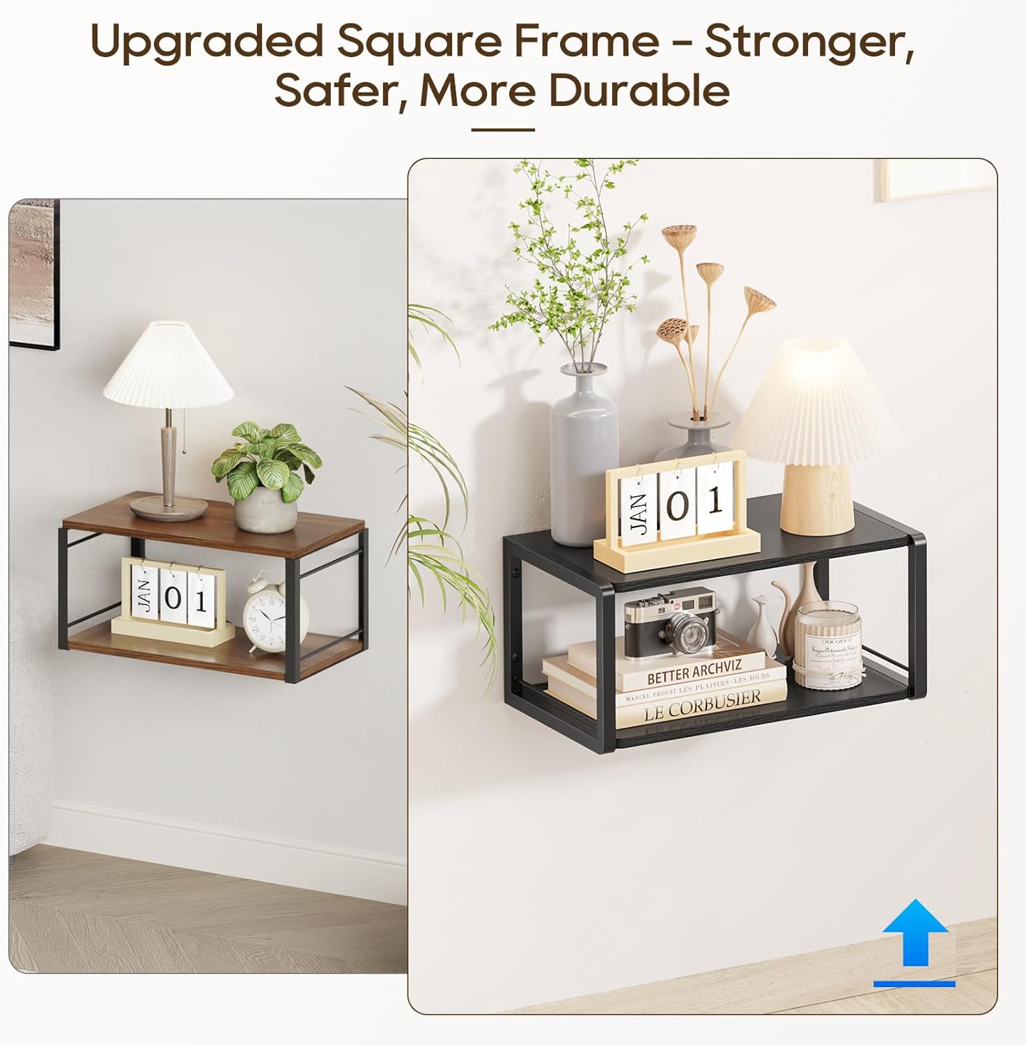 Floating Nightstand Set of 2, Wood Bedside Shelf Wall Mounted Nightstand with Heavy-Duty Frame, Floating Bedside Table for Bedroom, Living Room, Bathroom, Kitchen, (Vintage Black, 2 Pack)