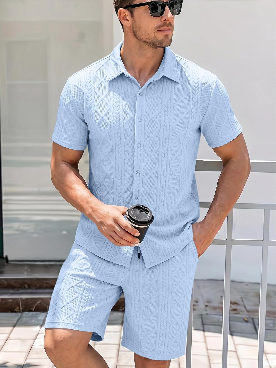 JMIERR Men's Summer 2 Piece Beach Sets Texture Short Sleeve Button Down Knit Shirts and Shorts Vacation Outfits of Men