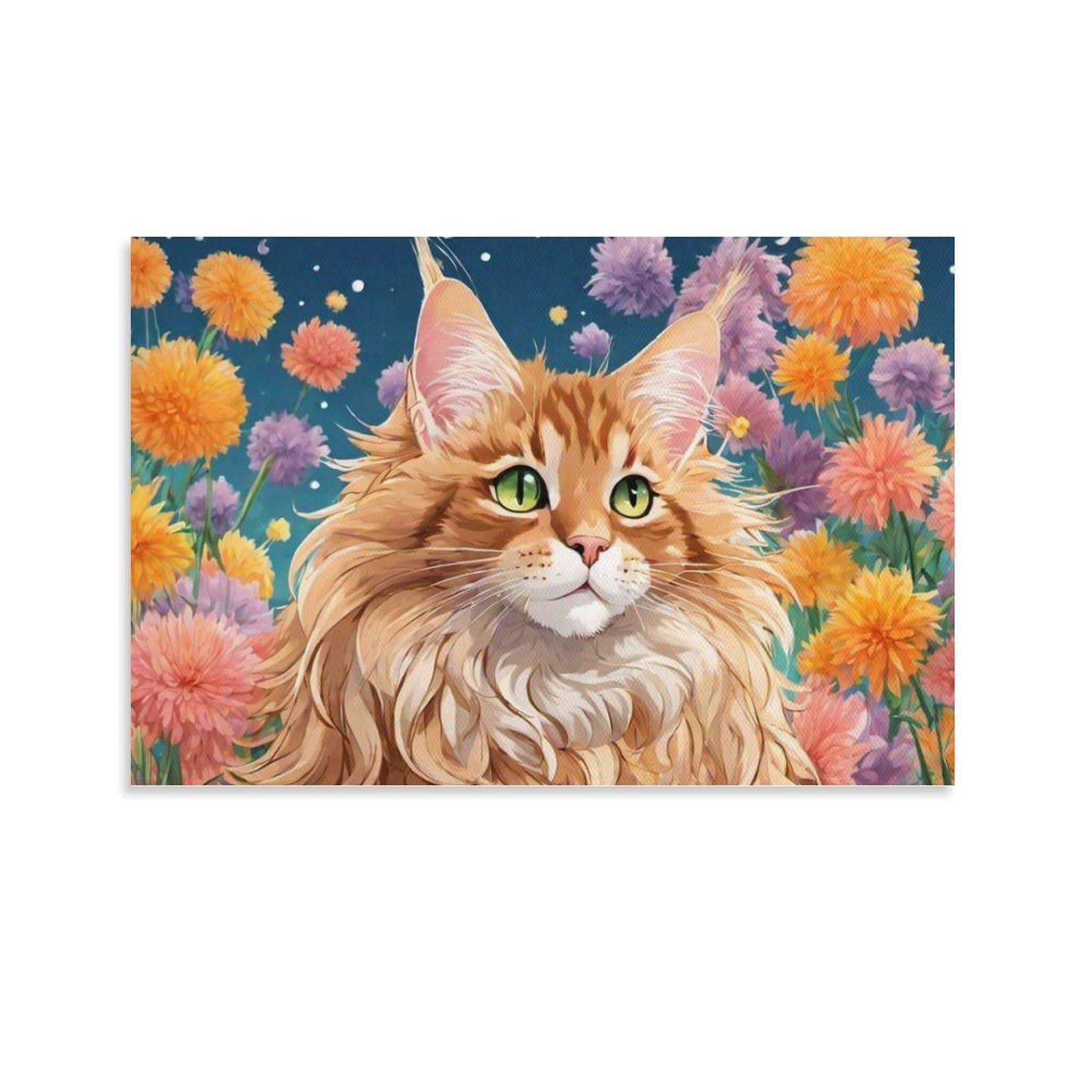 CPLVKWRQJ Cat Single Maine Coon Cat with Flowers Canvas Artwork - Nursery Canvas Wall Hanging Space Saving Ready to Hang Decor 12x18inch(30x45cm)