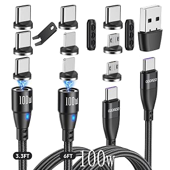 100W USB C to USB C Magnetic Charging Cable 3.3ft+6ft and 9-Pin Magnetic USB-C Tips 3 Pack Bundle