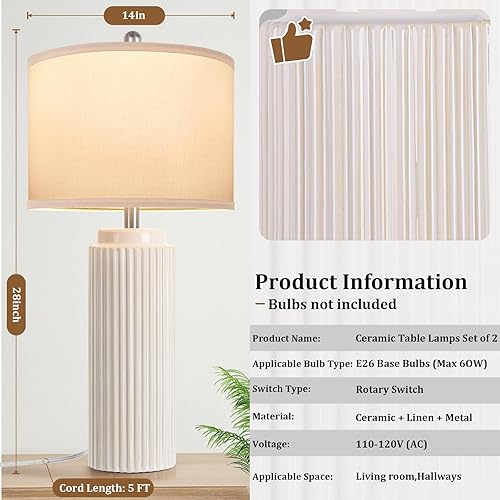 Miniatura 2 de 28’’ Farmhouse Ceramic Table Lamps Set of 2 for Living Room, Cream Vintage Bedside Table Lamps with White Linen Shade, Rustic Nightstand Lamps for