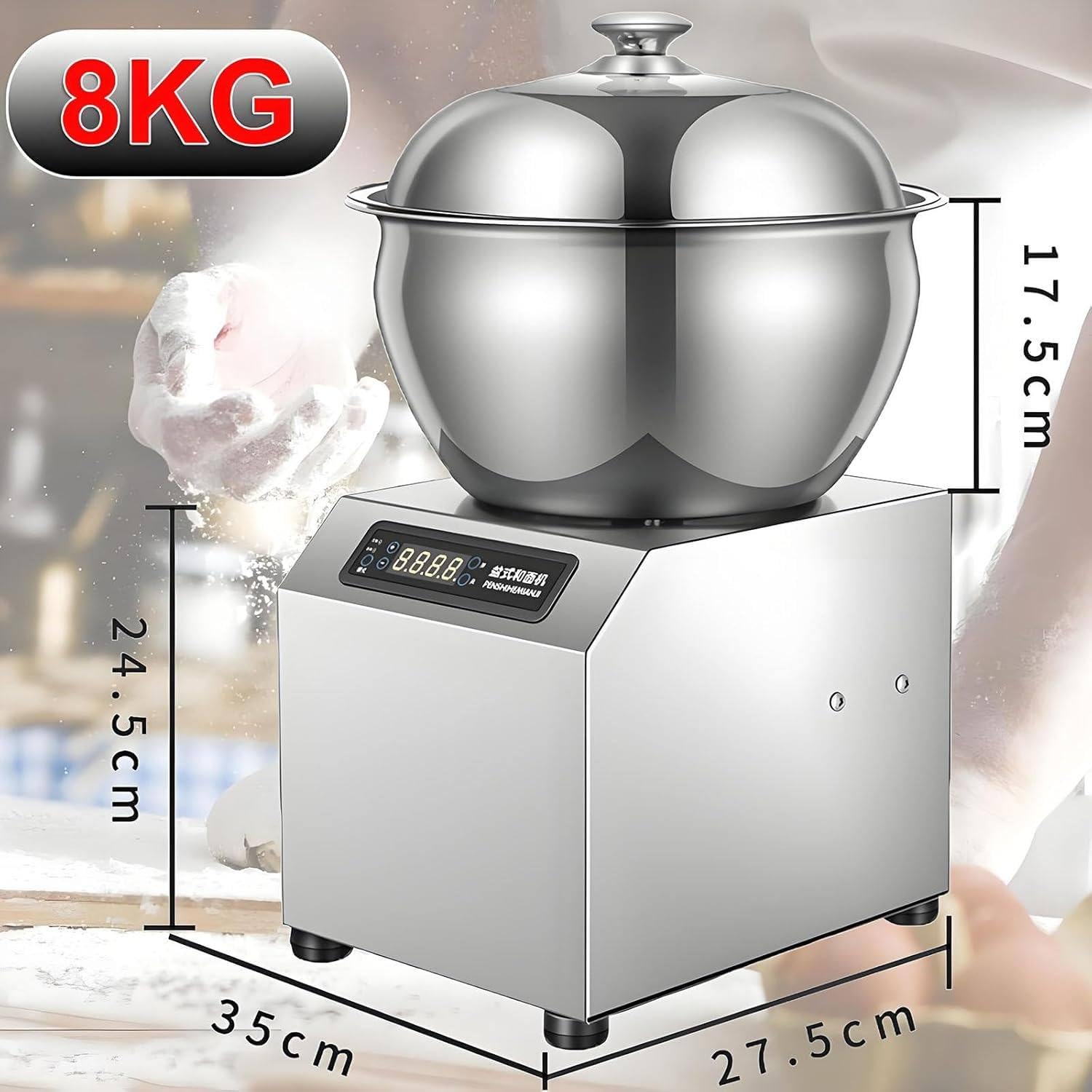 Amasadora Comercial de 5 kg/8 kg, amasadora eléctrica de Acero Inoxidable con Doble rotación, para Pizza y Pan, con Temporizador de 30 Minutos y Tapa Visible. 8KG