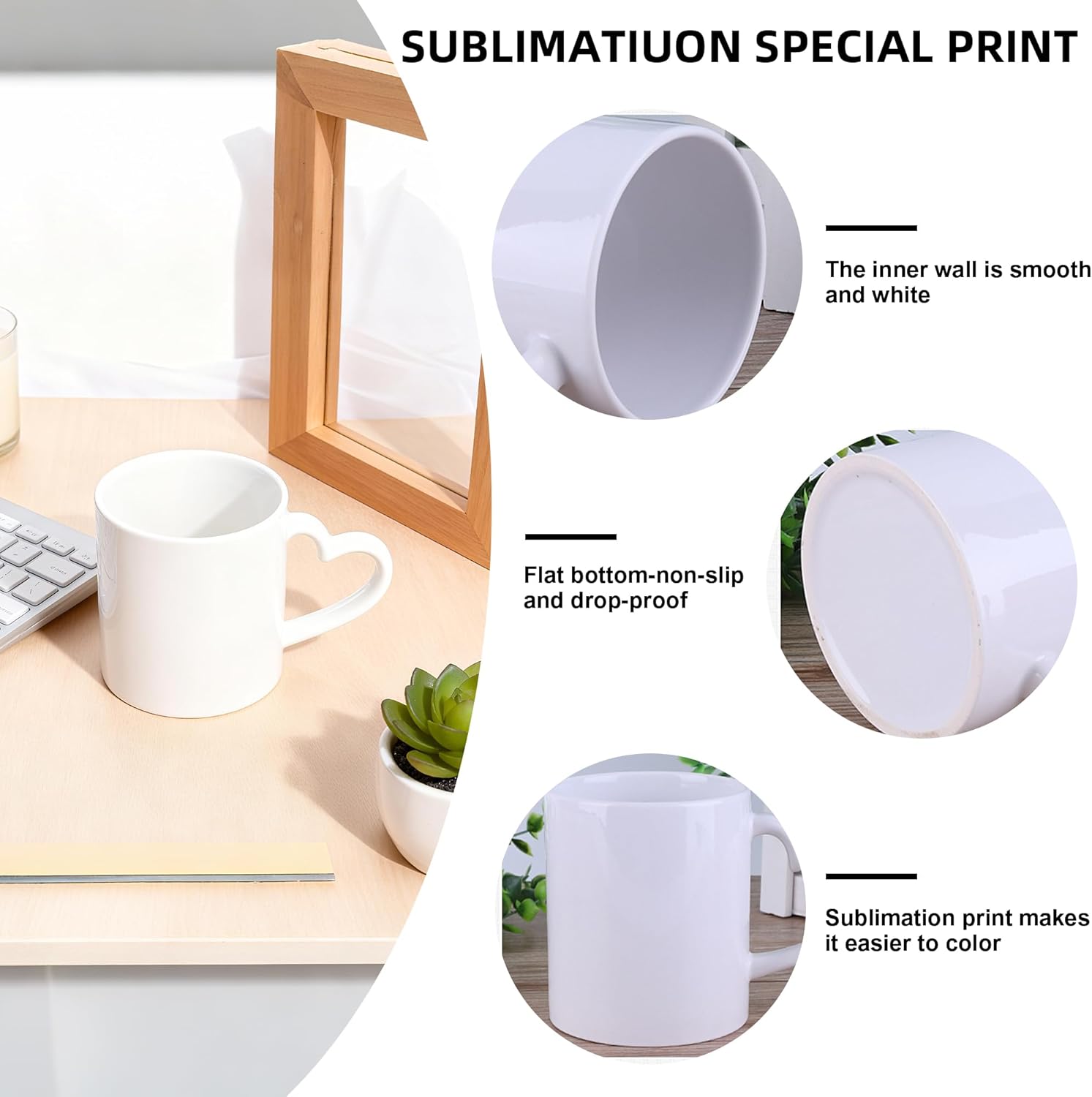 Sublimation Coffee Mugs 11 oz Porcelain Coffee Mug, Classic Heart Handle Ceramic Cup Blank for Latte Cappuccino Tea, Soup, Tea, Milk (White, 11 oz) - Image 3