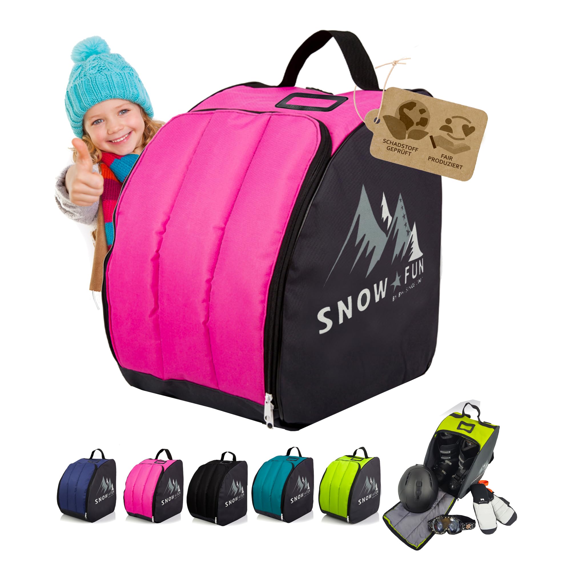 BambiniWelt by Rafael K. Kinder Skistiefeltasche [Ski-Schuh-Tasche für Kinder] Skiboots Rucksack integrierte Standfläche Platz für Boots Helm Skibrille Handschuhe Kinder-Skischuhrucksack