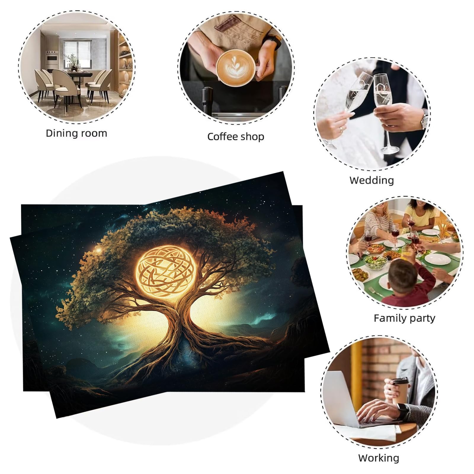 Set di 8 Tovagliette Americane Lavabili Cotone Lino Arte - Tovaglietta Americana Resistenti al Calore Durevole Alberi del cielo stellato - per Colazione Pranzo 30×45 cm