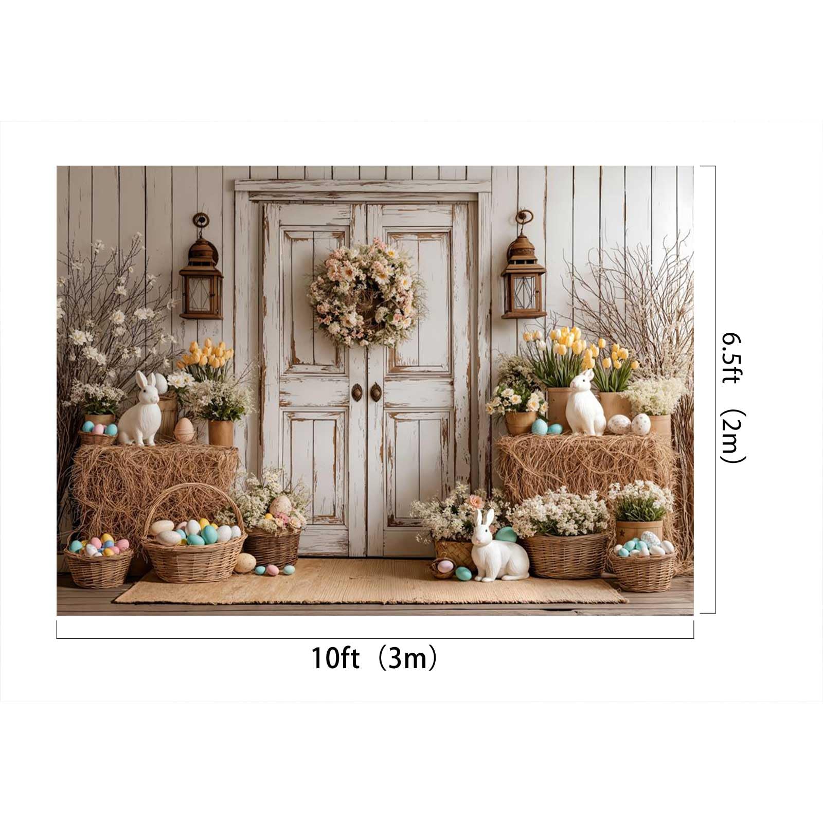 Kate Spring Sfondo fotografico con coniglietto pasquale 10x6.5ft/3x2m uova di Pasqua balle di fattoria porta in legno bianca rustica sfondi per studio fotografico floreale del fienile