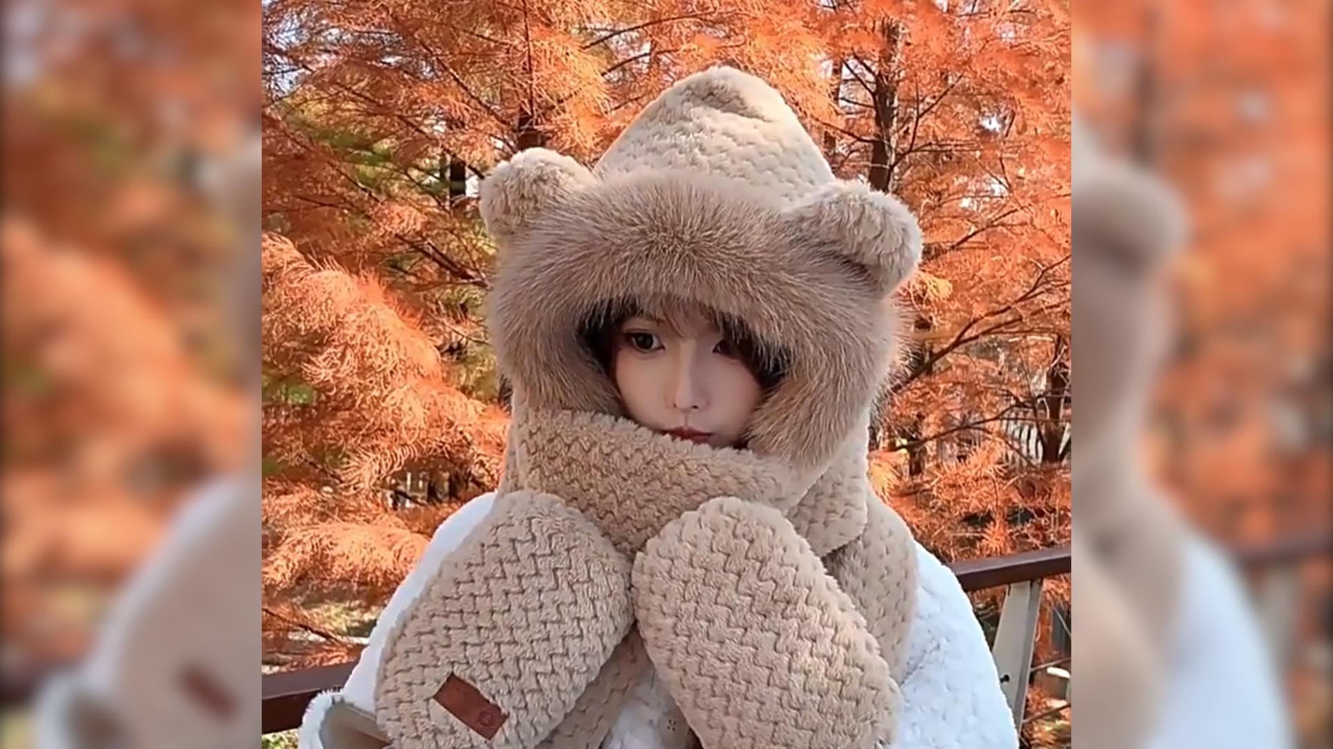 Winter Women Hoodie Hat Scarf Gloves Set Plush Fur Warm Casual Accessory Warm Women Hoodie Hat/Scarf/Gloves Set Soft Plush Thick Warm  main image 4