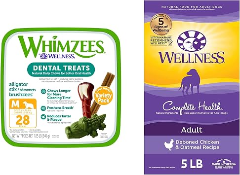 WHIMZEES by Wellness Dental Treats + Dry Dog Food Bundle Longlasting Grain-Free Chews, Medium Size, 28 Count + Complete Health Dry Food with Wholesome Grains, Chicken & Oatmeal, 5 lb Bag