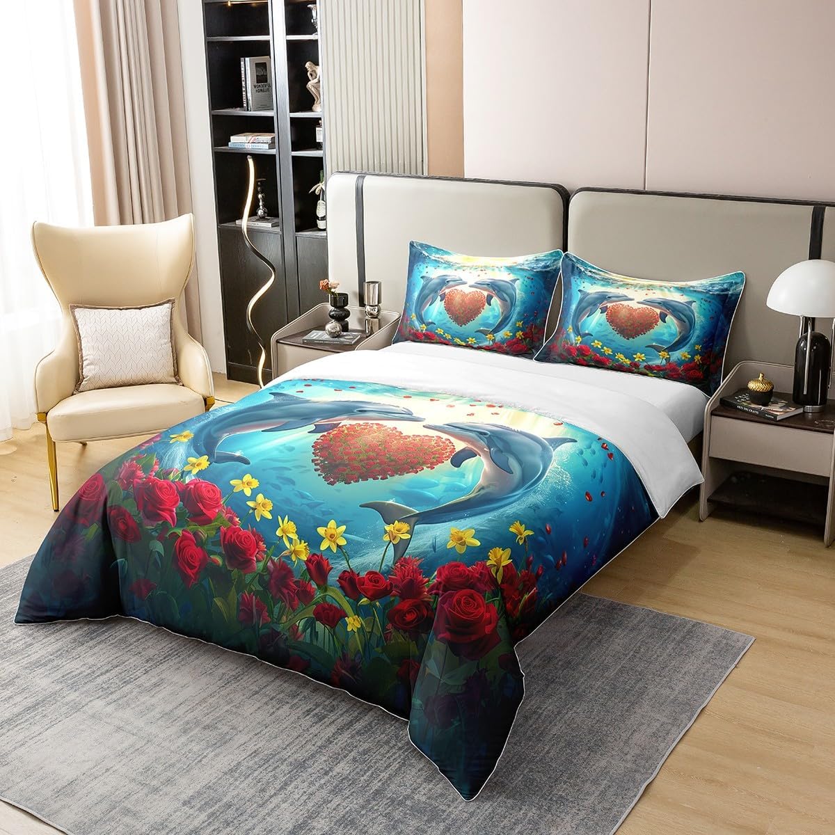 Erosebridal Couple Dolphin Bedspread Cover King Romantic Love Rose Comforter Cover Ocean Animal Yellow Flowers Quilt Cover Funny Underwater World Duvet Cover with Corner Ties,Microfiber