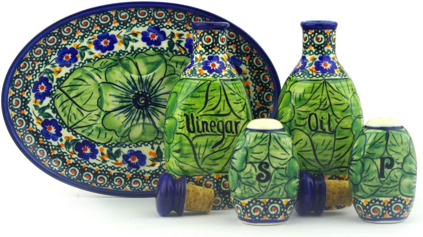 Polmedia Polish Pottery Seasoning Set UNIKAT - Rainforest Pattern Handmade in Boleslawiec Poland + Certificate of Authenticity
