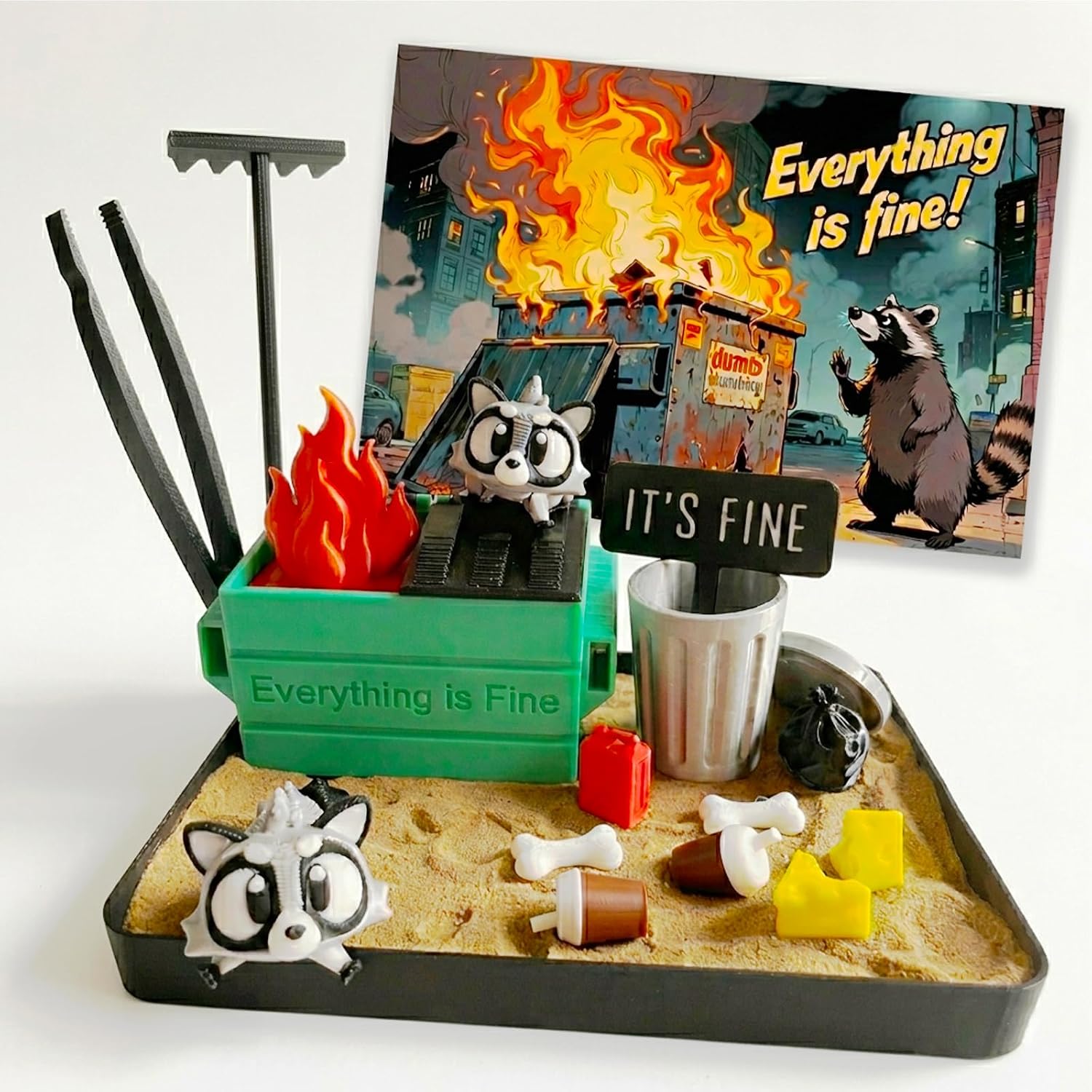 Dumpster Fire Zen Garden for Desk - Funny Mini Desk Decor & Office Stress Relief Gifts - Compact Raccoon Zen Sand Garden Kit with It's Fine Sign, Trash & Accessories for Coworkers