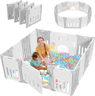 Dripex 14-Panel Baby Playpen Playard - Foldable Adjustable for Babies Toddlers, 25 Sq Ft Indoor Outdoor with Activity Toys & Safety Gate, Grey White