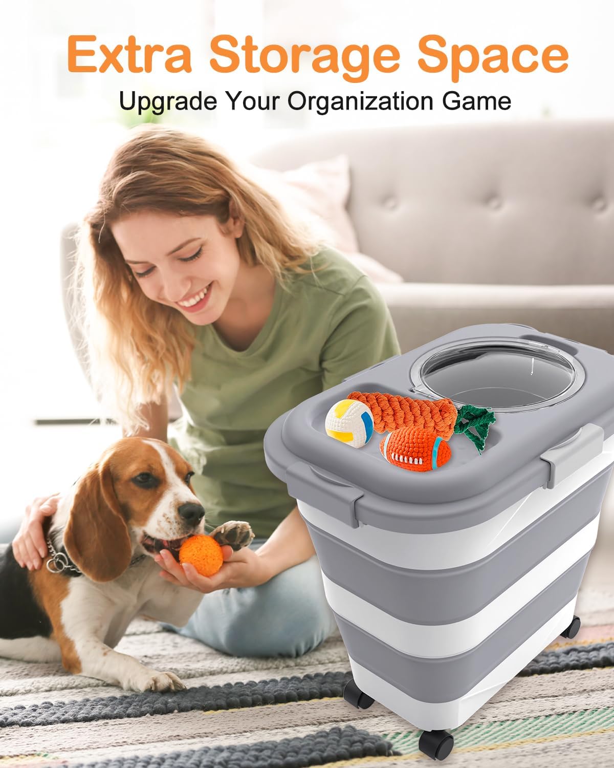 25-28 Lbs Dog Food Storage Container with Handle, Collapsible Dog Food Container with Airtight Lids, Wheels, Large Pet food storage Container for Dog Cat,Dog Food Scoop,Small Container