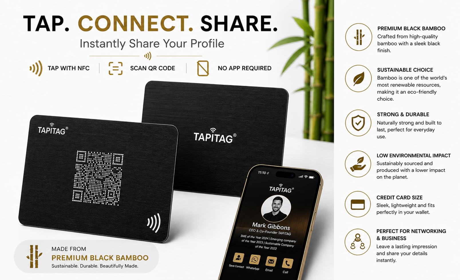 TAPiTAG Tarjeta de Visita Digital de Madera – Sin Suscripción – Tarjeta Contactless con NFC, Código QR y Perfil Online para Networking y Eventos Profesionales