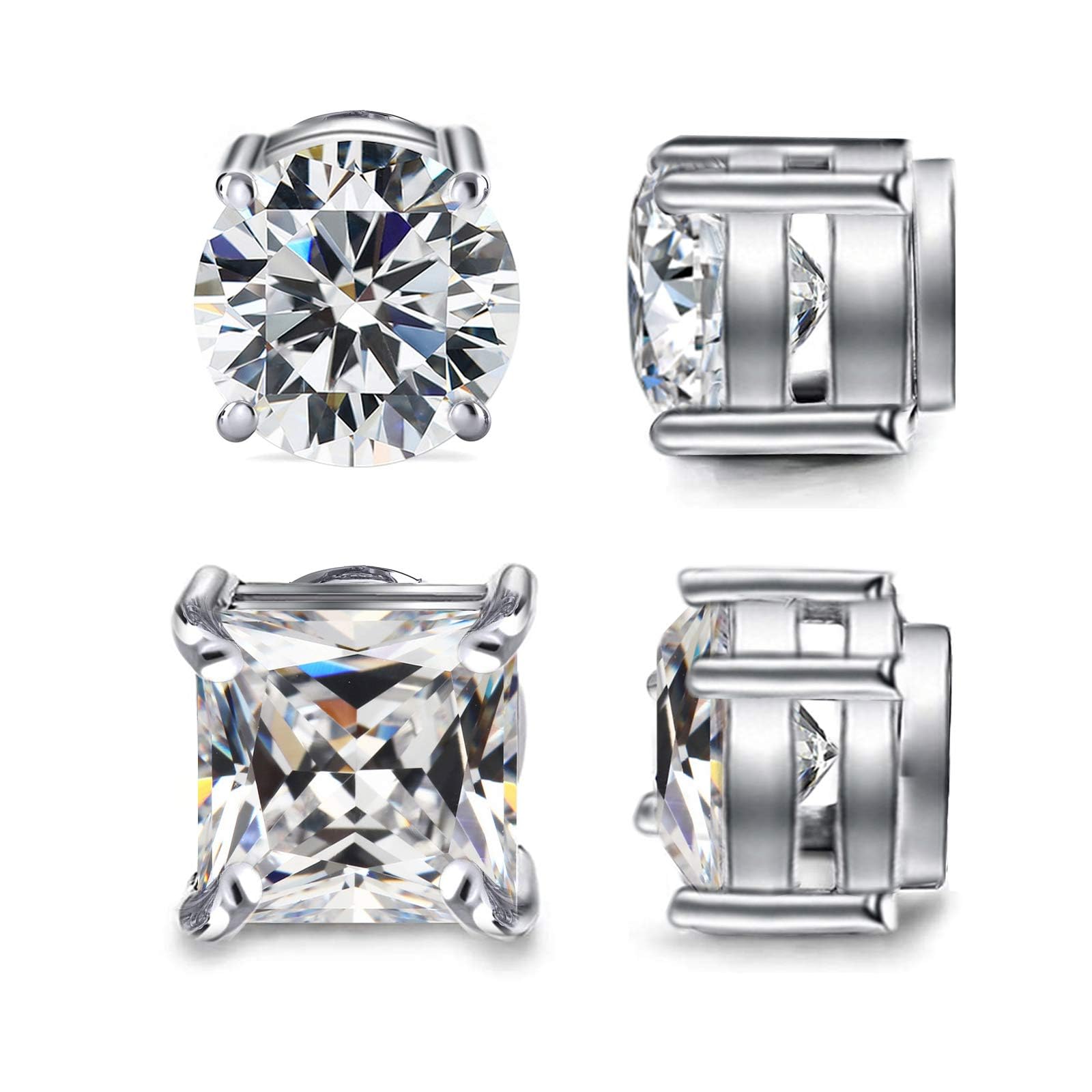 Diamday 2 Pares Magnético Pendientes Acero Inoxidable para Hombre Mujer Sin Perforación Falsos Oreja Pendientes Magnéticos CZ Redondos/Cuadrados Hipoalergénico Clip Magnet Pendientes 5-8MM