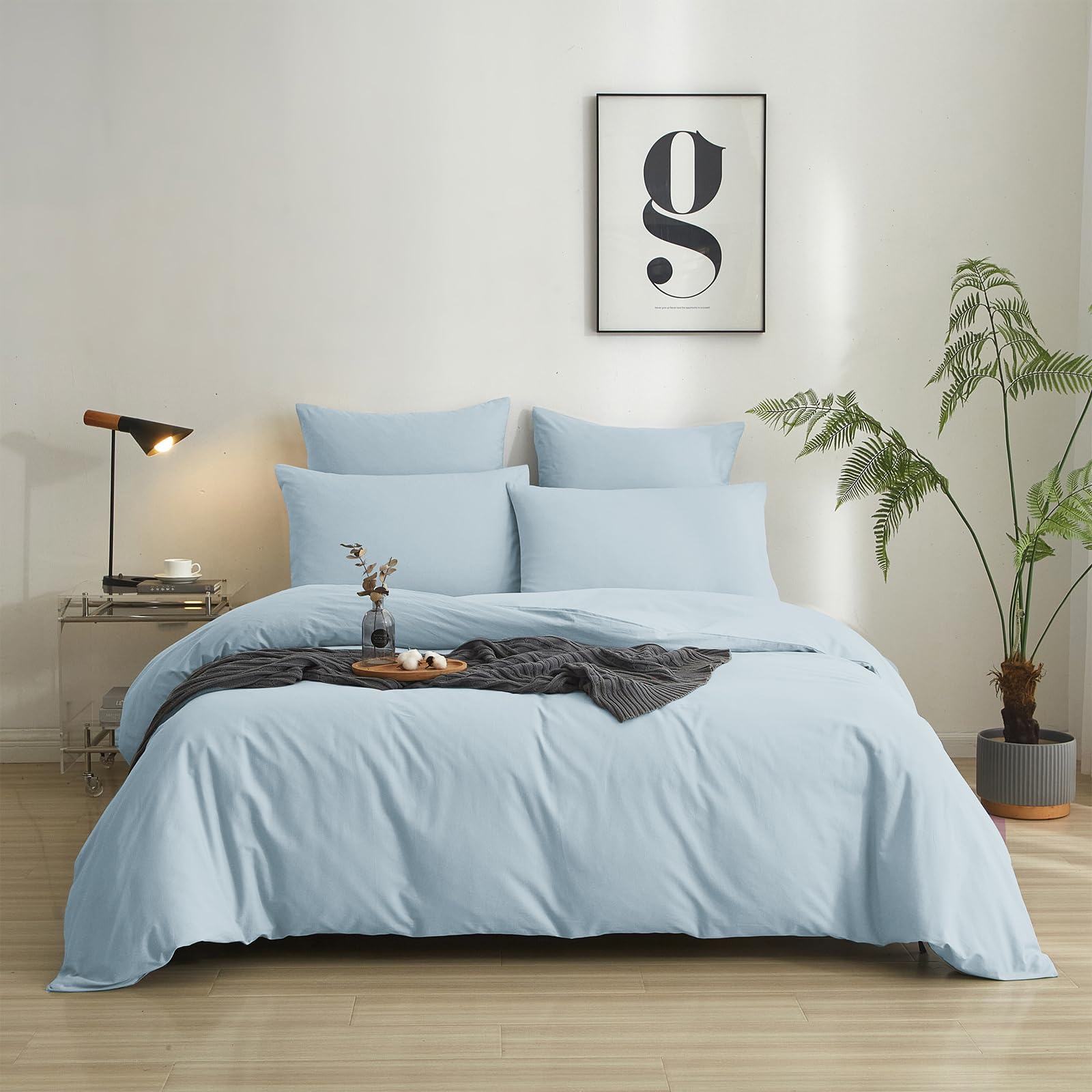 Luowei Baumwolle Bettwäsche 155x220 cm Blau Komfortabel Langlebig Bettbezüge 100% Gewaschene Baumwolle Sommer Einfarbig Bettwäsche Set mit Reißverschluss und 2 Kissenbezüge 80x80 cm