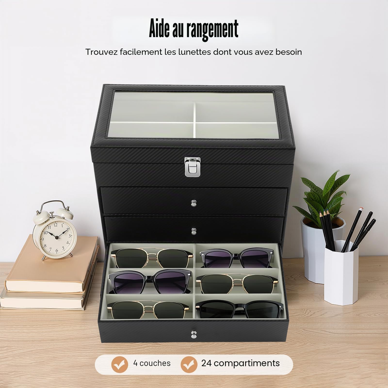 Boîte à Lunettes à 4 Niveaux Rangement 24 Lunettes de Soleil ou Lunettes 2 Compartiments avec Vitrine Couverture en Verre Antichoc et Tiroir pour Rangement Bracelets, Montres et Autres