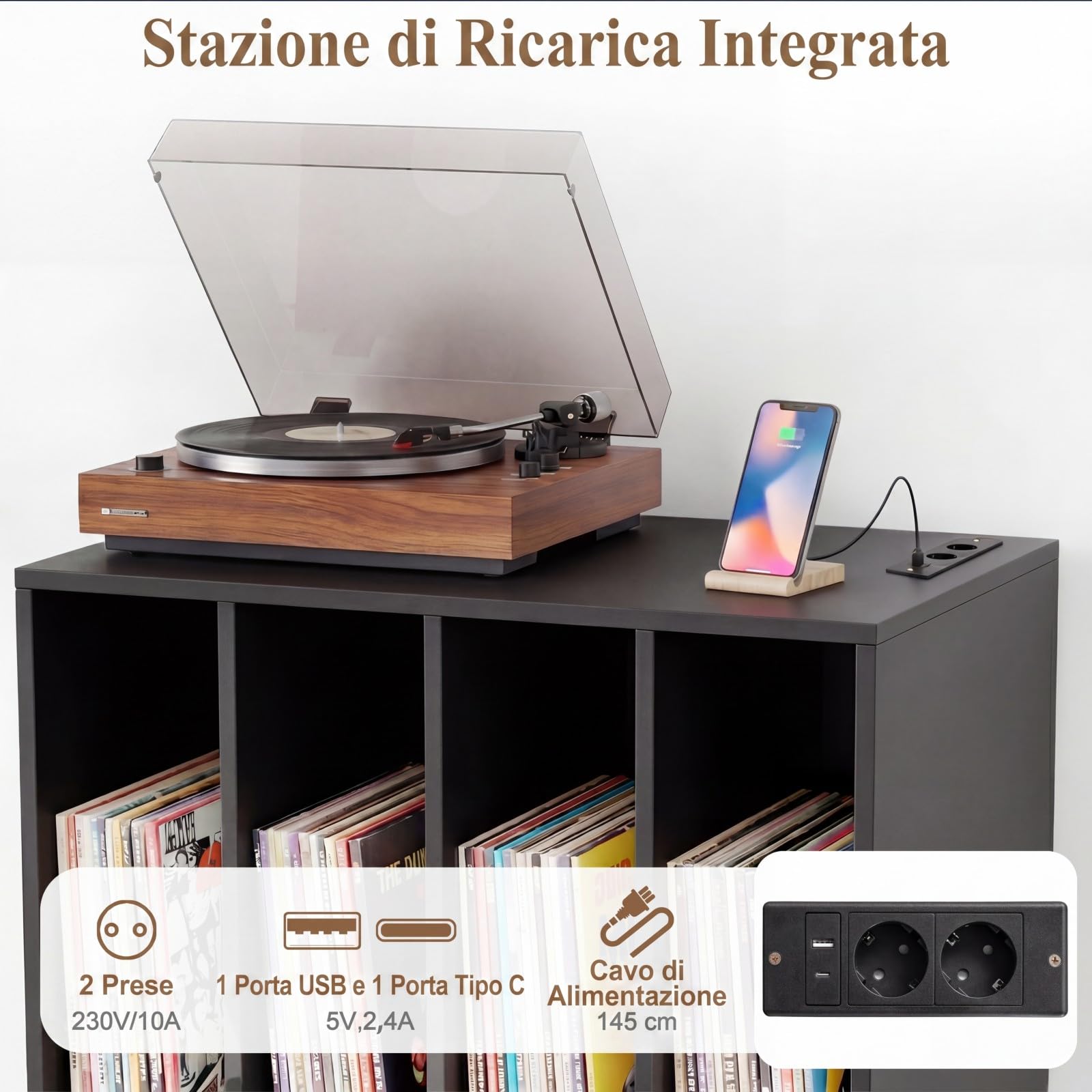 COSTWAY Mobile Porta Giradischi, Supporto per Vinili in Legno con Stazione di Ricaricae, 4 Scomparti, Gambe Rialzate in Metallo, Scaffale per Dischi per Soggiorno e Sala Musicale, 50 x 40 x 81 cm