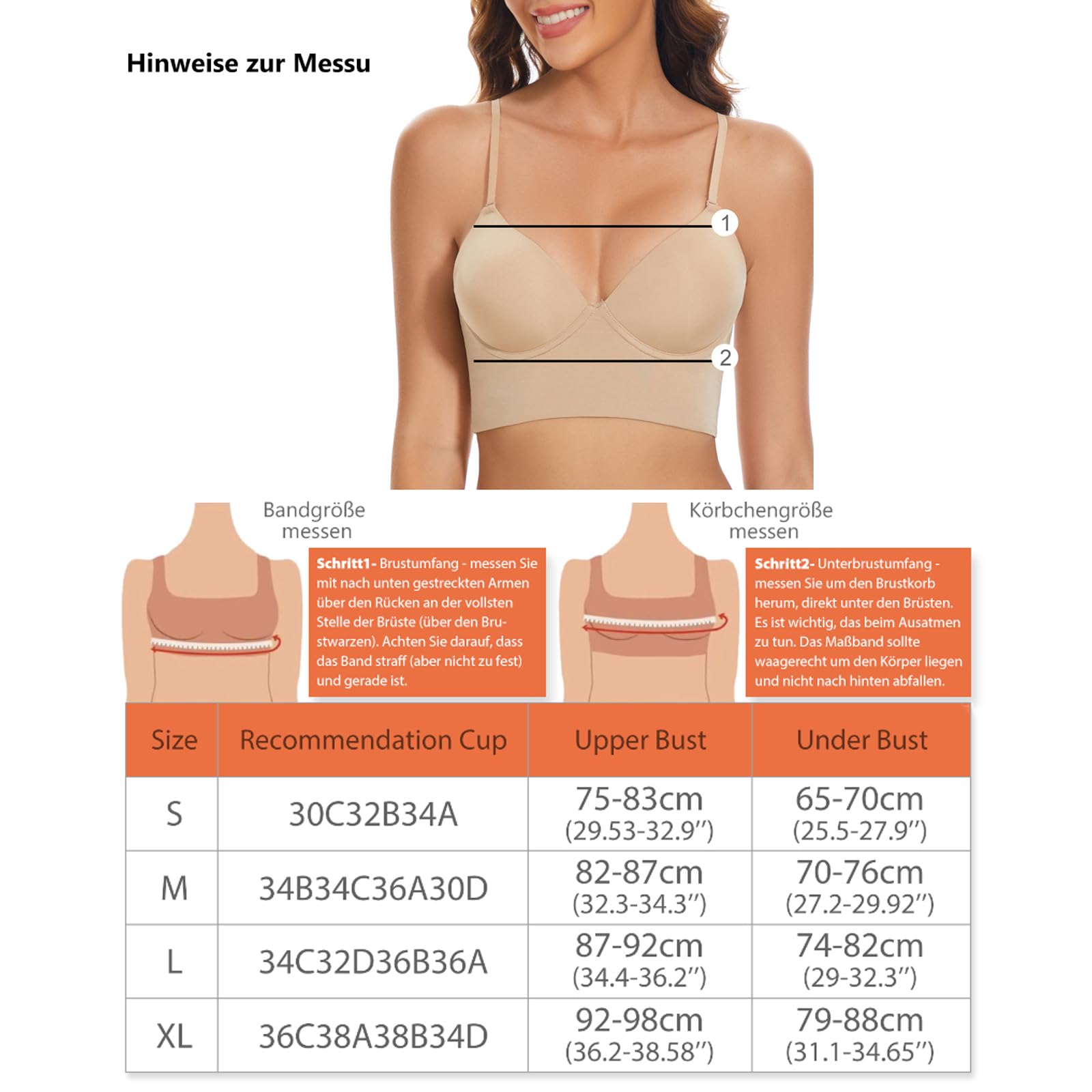 BH mit niedrigem Rücken für Frauen - Push-Up, tiefer V-Ausschnitt, Multiway-Träger, wandelbarer BH mit Draht-Hebe-Effekt
