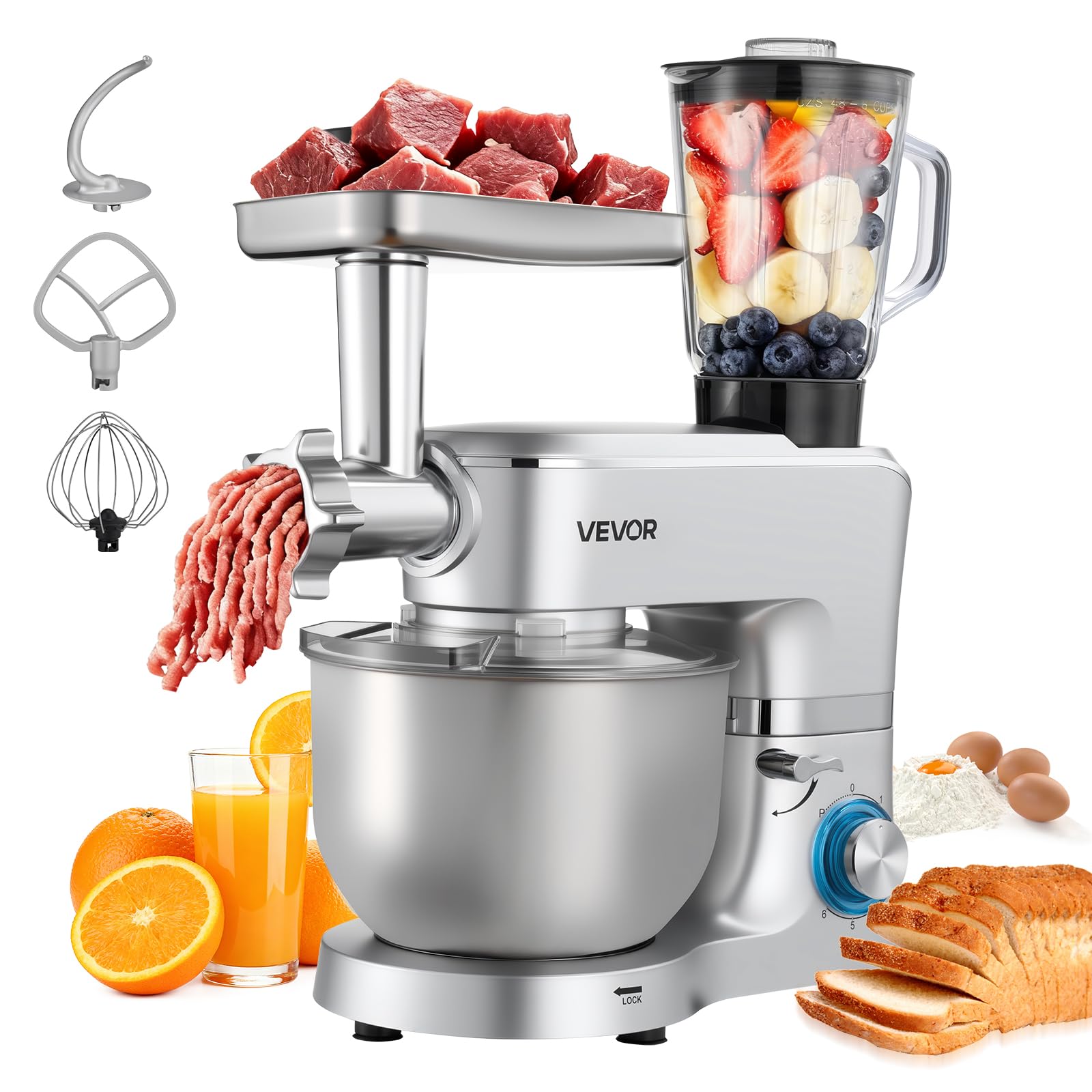 VEVOR Multifunktionale Küchenmaschine – 1500 W, Edelstahlschüssel 6 L, Mixbecher 1,5 L