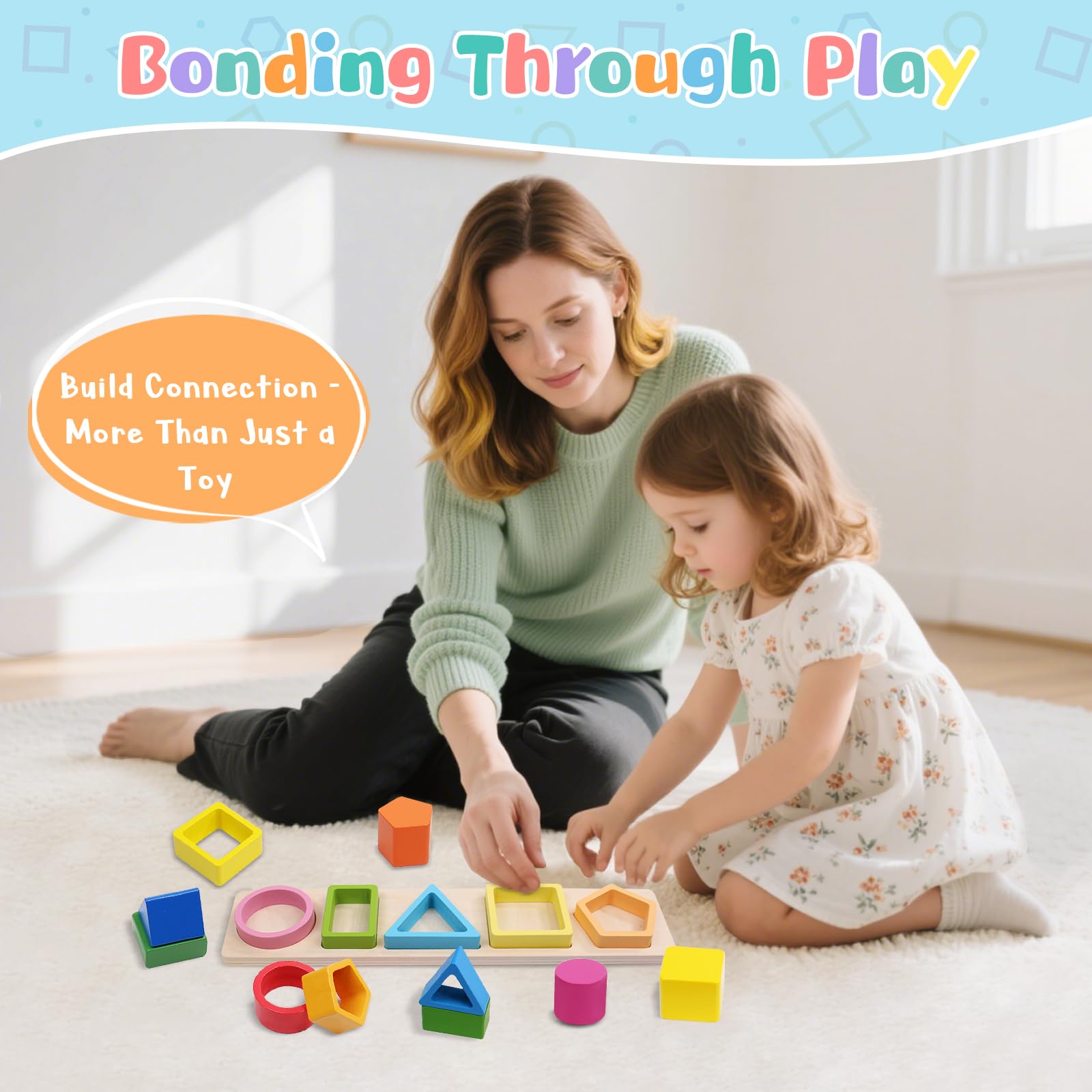 Kids Wooden Shape Sorting & Stacking Toys, Color Recognition Geometric Blocks Matching Puzzle - Image 2