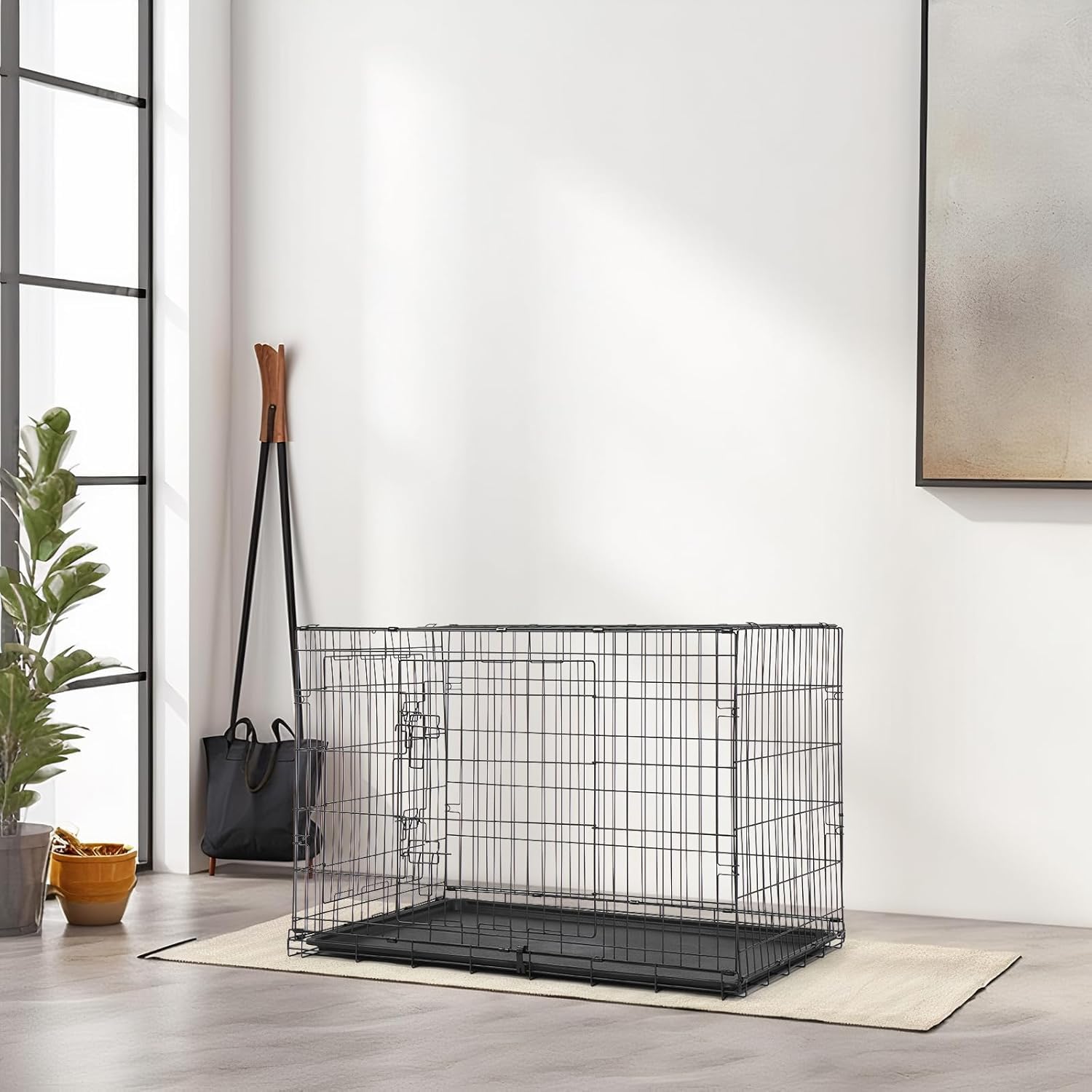 Cage pliable pour chien en fil métallique avec bac en plastique extensible, 2 portes, noire, convient pour l'intérieur et l'extérieur (S 60,5 x 44 x 49,5 cm)