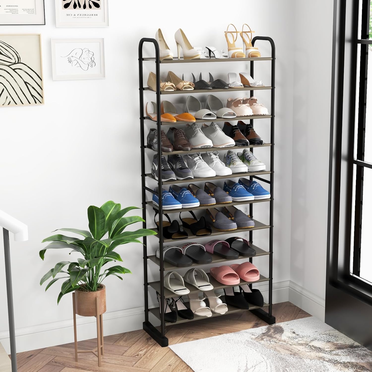 Tangkula 10-Tier Free Standing Shoes Rack, Space-Saving Shoes Organizer Shoes Storage Stand, Shoe Tower Storage Organizer, Entryway Hallway Shoes Tower, 26” x 11.5” x 60”, Black