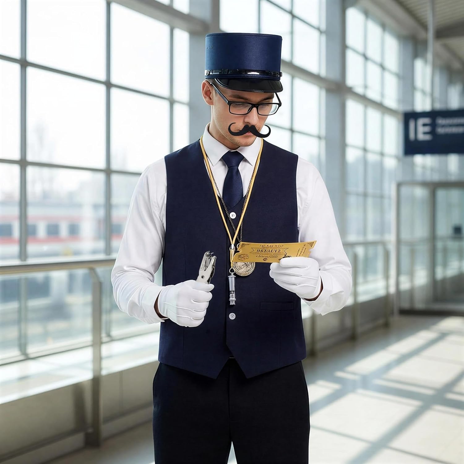 11 Pcs Train Conductor Costume Set for Adults, Conductor Hat Vest Tie Glasses Beard Pocket Watch Whistle Gloves Ticket Puncher with 2 Tickets, Christmas Holiday Party Dress Up Accessories Blue