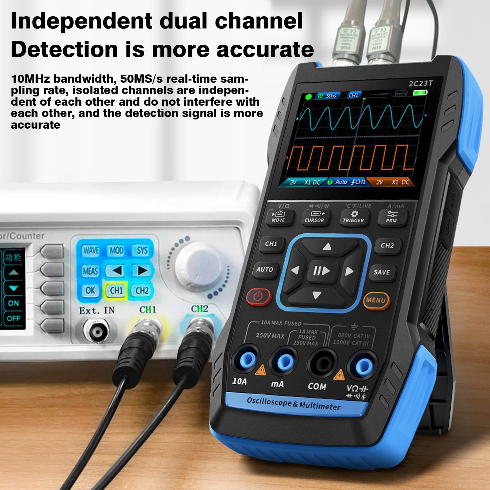 2C23T Oscilloscopio, 3 in 1 Oscilloscopio Digitale/Multimetro/Generatore di Segnale DDS, 2 Canali, 10MHz, Frequenza di campionamento 50 MSPS, 9999 Conteggi