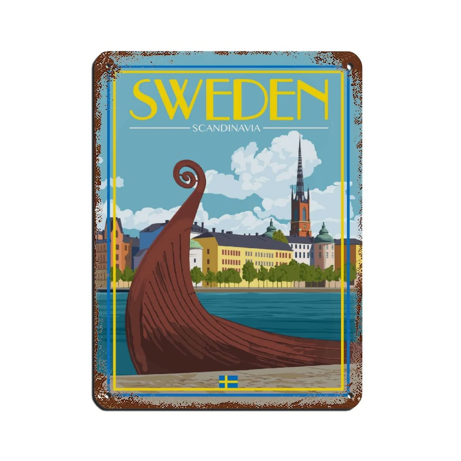 KZIWQ Vintage Travel Poster Sweden Stockholm Tin Sign Vintage Metal Pub Club Cafe Bar Home Wall Art Decoration Poster Retro 30x40cm