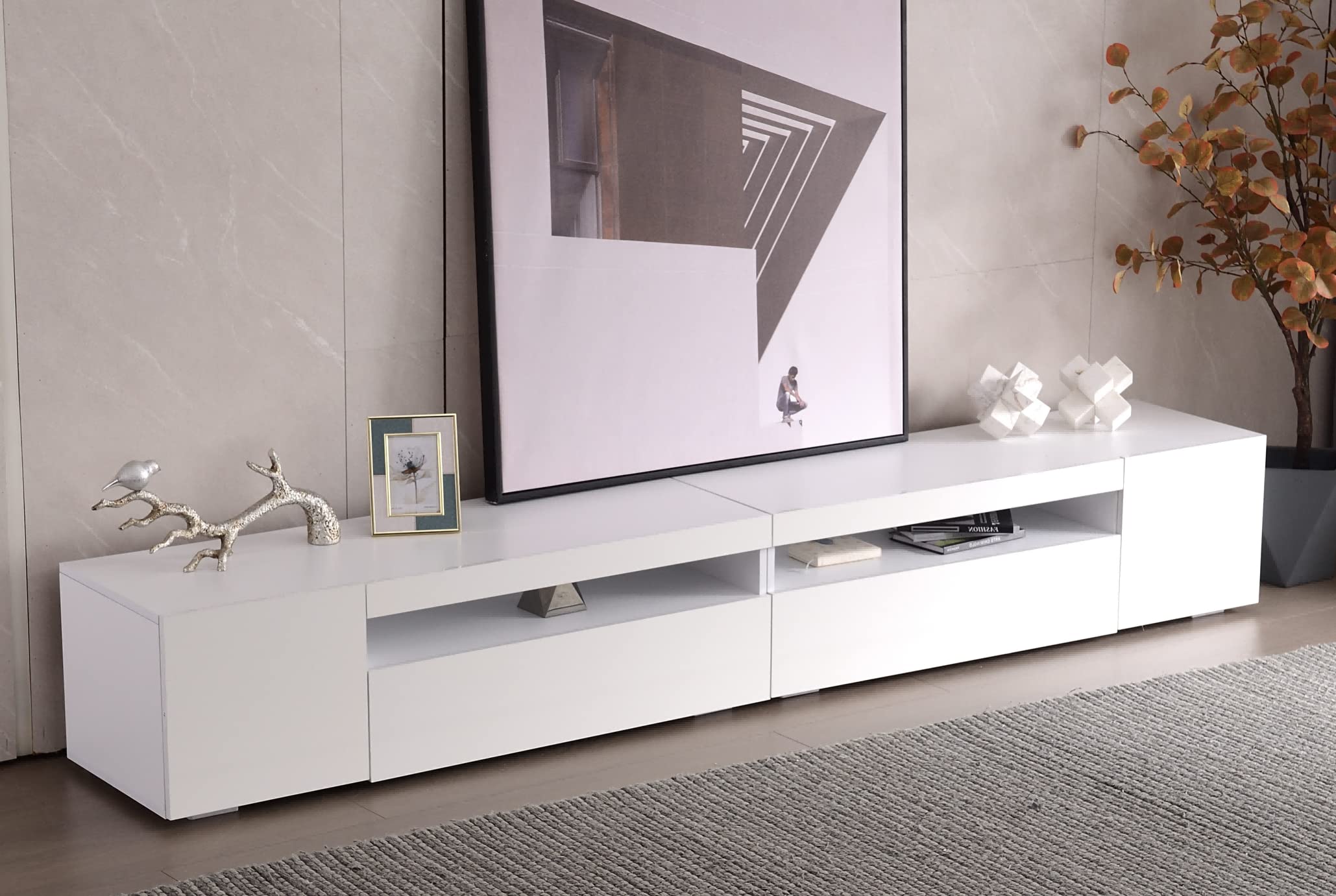 Mueble de TV Moderno Blanco Con Panel Brillante, Iluminación LED Variable Para Salón y Comedor, 240 cm
