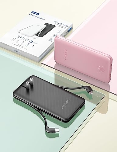 Miniatura 9 de miisso Banco de energía ultra delgado de 10000 mAh, cables integrados y enchufe de pared plegable de CA, cargador portátil USB C de tamaño bolsillo