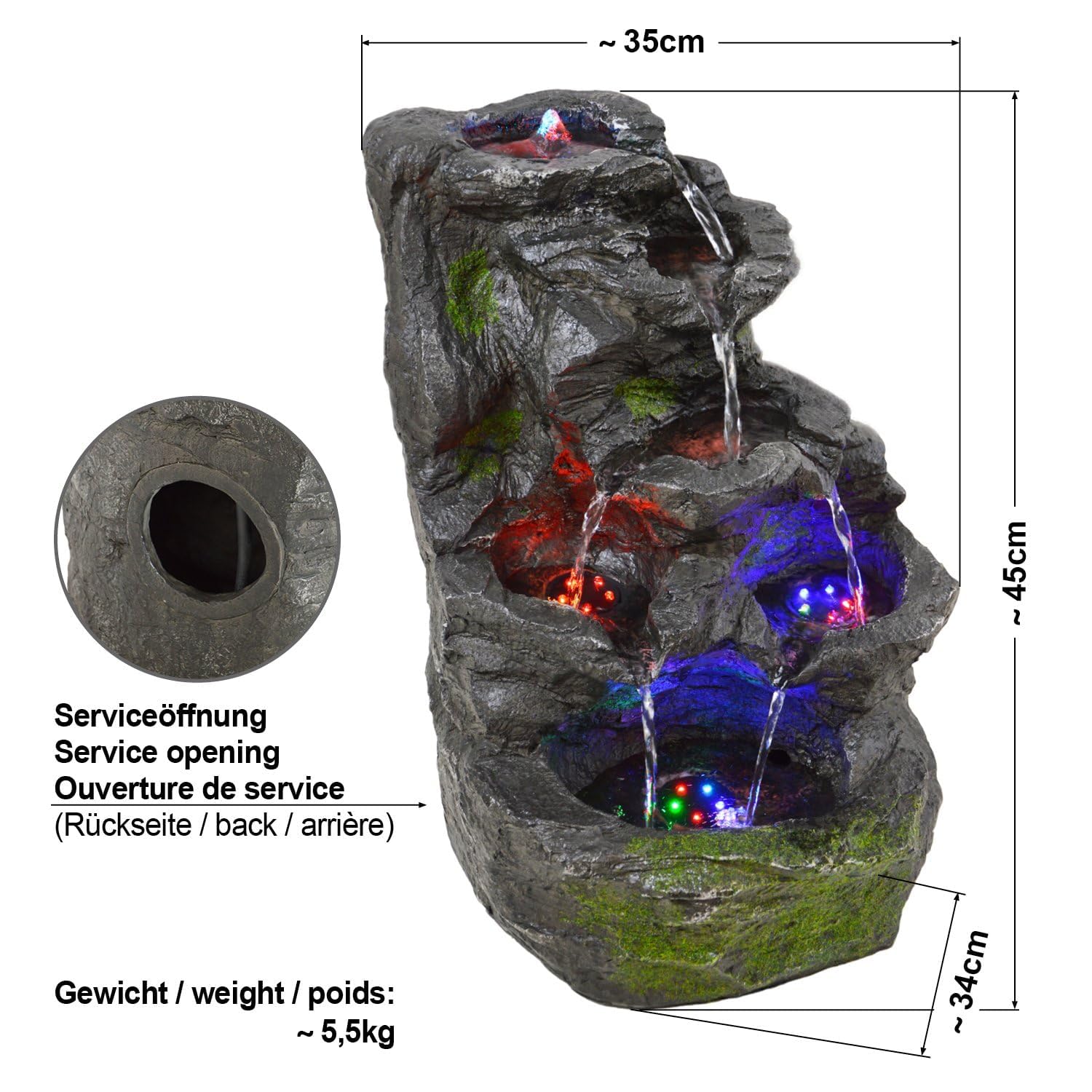 Gartenbrunnen Zierbrunnen Fels-Kaskade mit RGB Licht 230V für Garten, Gartenteich, Terrasse, Balkon