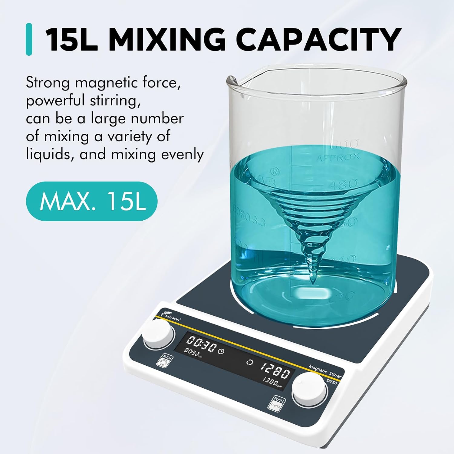 LAB FISH Digital 15L Magnetic Stirrer (15000ML) Large Capacity 1500PRM Magnetic Mixer 8.7"X8.7" Stir Plate W/Timer for Lab